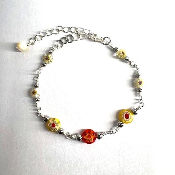 Handmade Millefiori Glass Bracelet Set with Lobster Clasp Silver. Blue Red - Picture 5 of 7